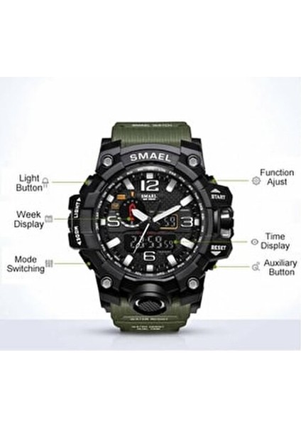 1545 Erkek Kol Saati Analog Dijital Fonksiyonlu Kauçuk Kordon 5 ATM Suya Dayanıklı