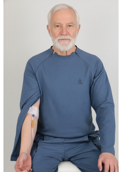 Adaptif Denim Mavi Kemoterapi Hasta Bakım ve Tedavi Kıyafeti