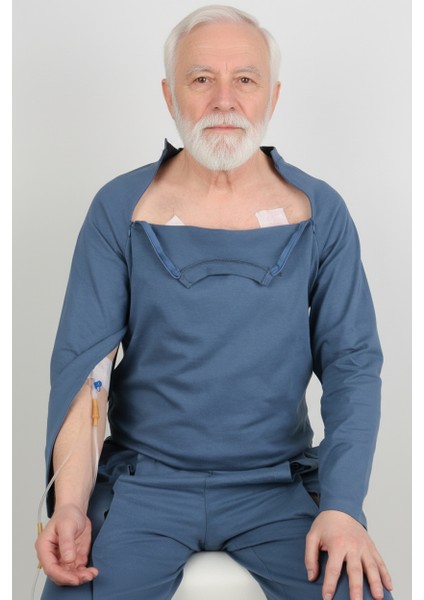 Adaptif Denim Mavi Kemoterapi Hasta Bakım ve Tedavi Kıyafeti modelleri