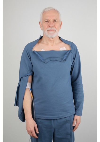 Adaptif Denim Mavi Kemoterapi Hasta Bakım ve Tedavi Kıyafeti fırsatları