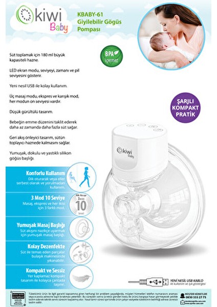Şarjlı Göğüs Pompası Kbaby 61 Elektrikli Kullanım BPA İçermeyen Gıda Sınıfı Plastik fırsatları