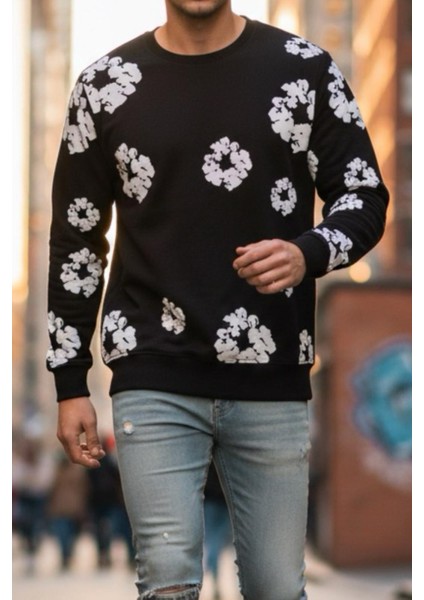 Karly Iki Iplik Çiçek Baskılı Bisiklet Yaka Slim Fit Unisex Sweatshirt