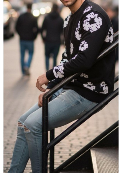 Karly Iki Iplik Çiçek Baskılı Bisiklet Yaka Slim Fit Unisex Sweatshirt modelleri