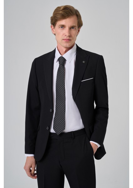Erkek Siyah Poliviskon Basic Slim Fit Sivri Yaka Takım Elbise