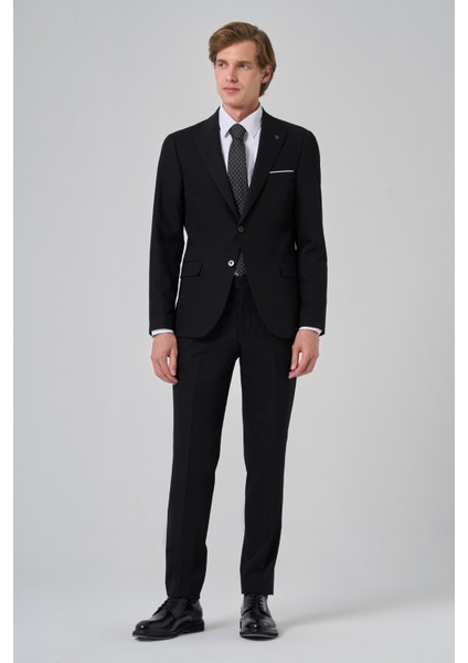 Erkek Siyah Poliviskon Basic Slim Fit Sivri Yaka Takım Elbise modelleri