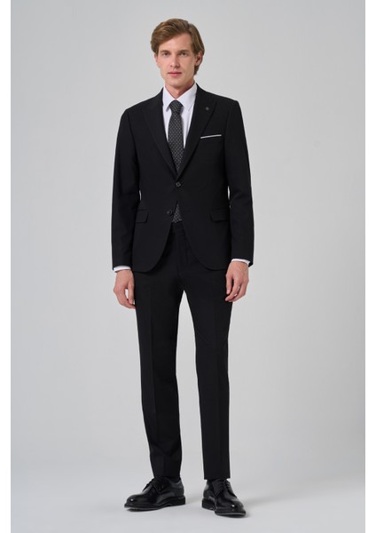 Erkek Siyah Poliviskon Basic Slim Fit Sivri Yaka Takım Elbise fırsatları
