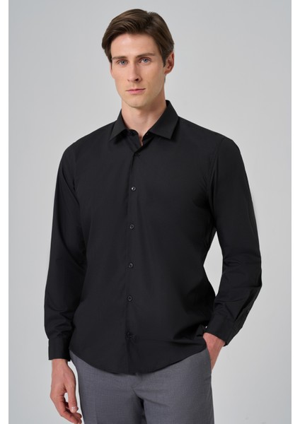 Erkek Siyah Basic Regular Fit Sert Yaka Gömlek