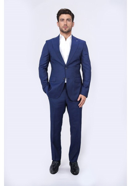 Slim Fit Mono Yaka Mavi Takım Elbise