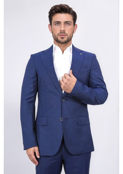 Slim Fit Mono Yaka Mavi Takım Elbise modelleri