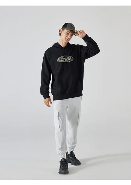 Xsıde Siyah Uzun Kollu Baskılı Erkek Kalın Hoodie