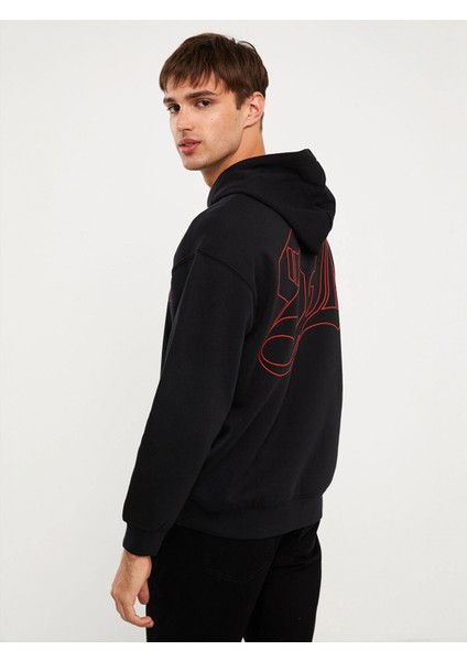 Xsıde Siyah Uzun Kollu Baskılı Erkek Kalın Hoodie