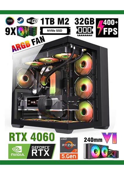 Mirage X32 Ryzen 7 5700X 32GB Ram 1tb M.2 Nvme SSD 8gb RTX4060 Sıvı Soğutmalı Oyuncu Bilgisayarı