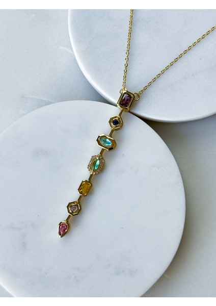 Çelik Renkli Taşlı Y Kolye