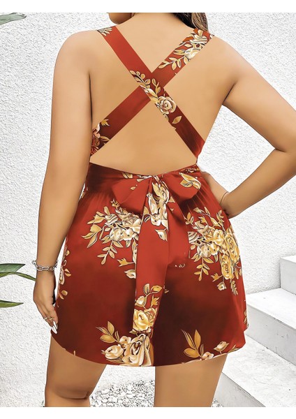 Büyük Beden Kahverengi Üstüne Çiçek Desenli Sırt Detaylı Elbise fiyatları