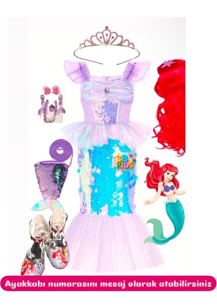 Deniz Kızı Peruklu Kostüm Topuklu Ayakkabı Seti(Ayakkabı Numarasını Mesaj Atınız 26-30 Arasıdır)