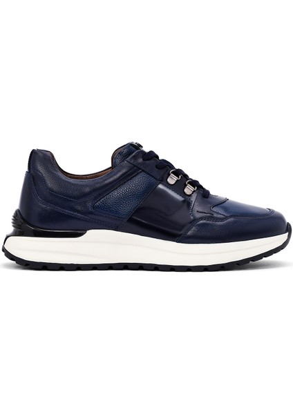 Erkek Lacivert Bağcıklı Kalın Tabanlı Deri Casual Sneaker 25WFD600614