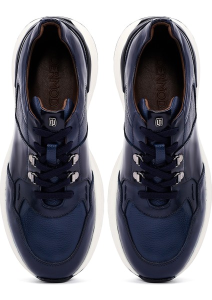Erkek Lacivert Bağcıklı Kalın Tabanlı Deri Casual Sneaker 25WFD600614