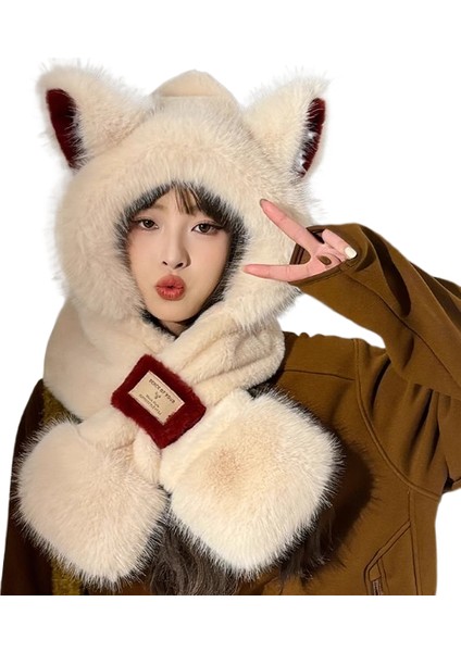 Sevimli Peluş Tilki Kulaklı Şapka Atkı Kadın Sonbahar ve Kış Boyun Bisiklet Sıcak Iki Parçalı Setin Kapüşonlu Atkı ile Kore Versiyonu (Yurt Dışından)