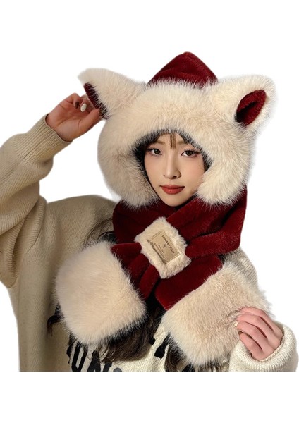 Sevimli Peluş Tilki Kulaklı Şapka Atkı Kadın Sonbahar ve Kış Boyun Bisiklet Sıcak Iki Parçalı Setin Kapüşonlu Atkı ile Kore Versiyonu (Yurt Dışından)
