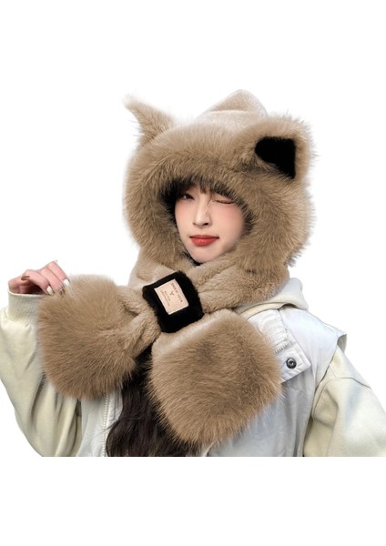 Sevimli Peluş Tilki Kulaklı Şapka Atkı Kadın Sonbahar ve Kış Boyun Bisiklet Sıcak Iki Parçalı Setin Kapüşonlu Atkı ile Kore Versiyonu (Yurt Dışından)