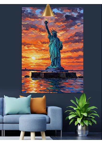 Gün Batımında Özgürlük Heykeli Silueti Dekoratif Kanvas - Mdf Ahşap Tablo