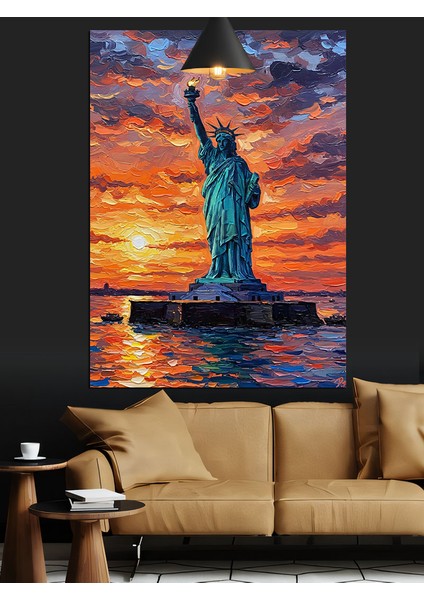 Gün Batımında Özgürlük Heykeli Silueti Dekoratif Kanvas - Mdf Ahşap Tablo fiyatları