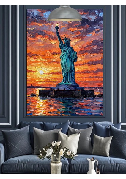 Gün Batımında Özgürlük Heykeli Silueti Dekoratif Kanvas - Mdf Ahşap Tablo fırsatları
