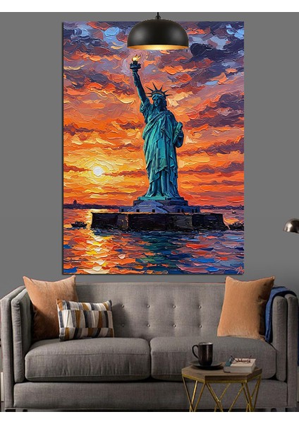 Gün Batımında Özgürlük Heykeli Silueti Dekoratif Kanvas - Mdf Ahşap Tablo indirimleri