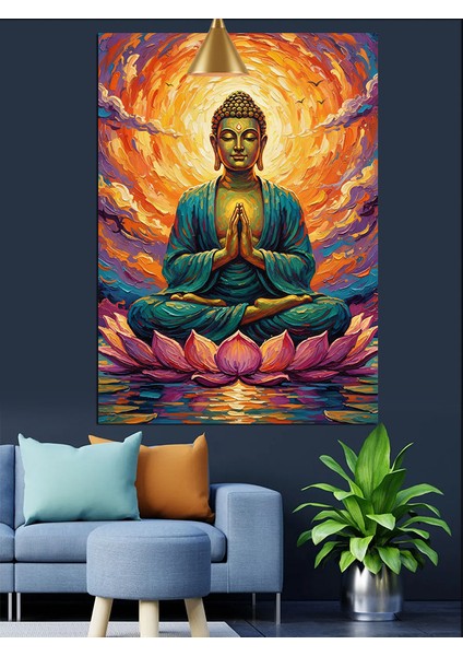 Lotus Çiçeği ve Buda Heykeli Dekoratif Kanvas - Mdf Ahşap Tablo