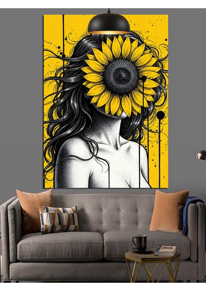 Ayçiçeği Gözlü Siyah Beyaz Kadın Dekoratif Kanvas - Mdf Ahşap Tablo