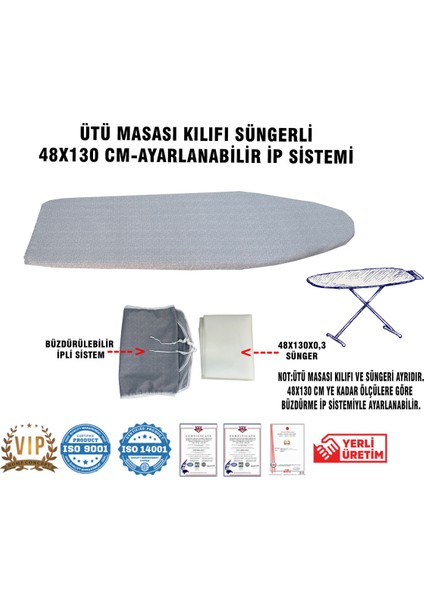 Ütü Masası Kılıfı Vip 48X130 Cm-Süngerli Ütü Bezi Ütü Masası Bezi-Gri