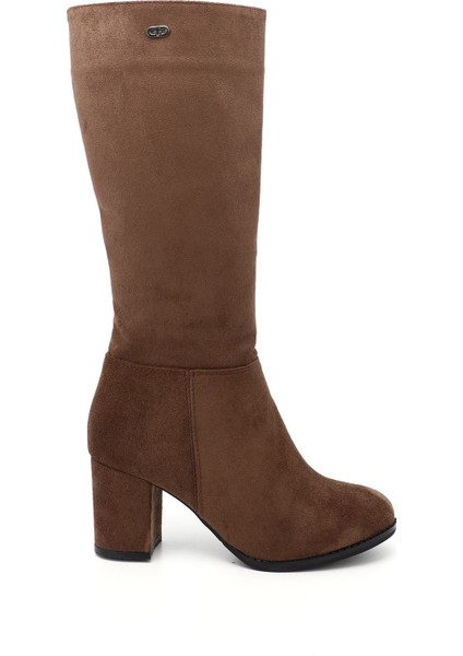 Kadın Kahve Yuvarlak Burun Fermuarlı Kalın Topuklu Çizme