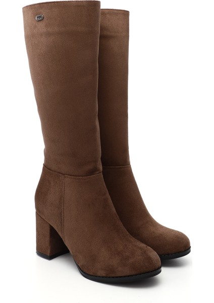 Kadın Kahve Yuvarlak Burun Fermuarlı Kalın Topuklu Çizme fiyatları