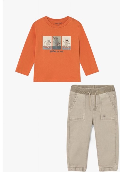 Skate Hologramlı Sweat Beli Paçası Lastik Pantolon Takım (01-04 Yaş Arası) - Bej-Turuncu