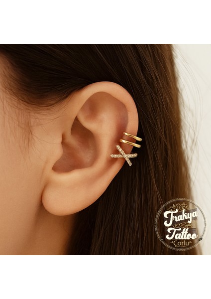 Altın Renk Zirkon Taşlı Sıkıştırmalı 4 Sıra Kıkırdak Küpe Earcuff