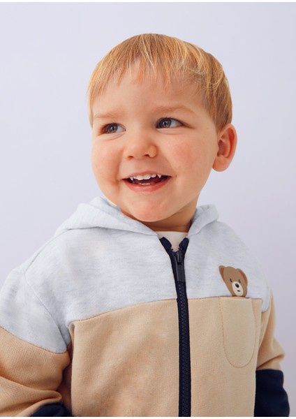 1-4 Yaş Erkek Bebek 3 Parçalı Eşofman Takımı | Kapüşonlu Fermuarlı Hırka + 2 Alt | Bej ve Lacivert Ayıcık Detaylı fiyatları