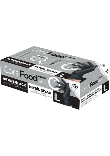 Corefood Nitril Siyah Power Pudrasız Muayene Eldiveni L - 1 Paket 50'li fiyatları