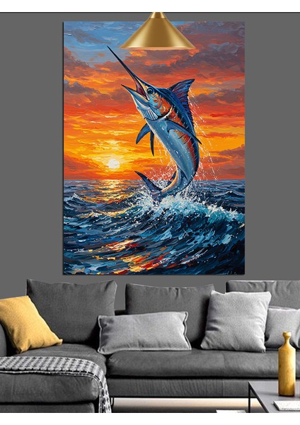 Okyanusta Zıplayan Canlı Renkli Kılıçbalığı Dekoratif Kanvas - Mdf Ahşap Tablo