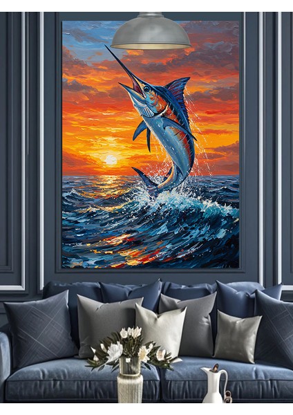 Okyanusta Zıplayan Canlı Renkli Kılıçbalığı Dekoratif Kanvas - Mdf Ahşap Tablo fiyatları