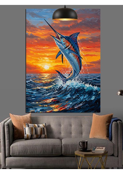 Okyanusta Zıplayan Canlı Renkli Kılıçbalığı Dekoratif Kanvas - Mdf Ahşap Tablo modelleri