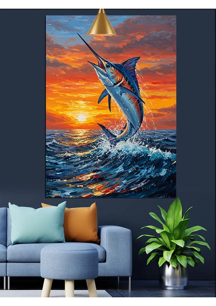 Okyanusta Zıplayan Canlı Renkli Kılıçbalığı Dekoratif Kanvas - Mdf Ahşap Tablo fırsatları