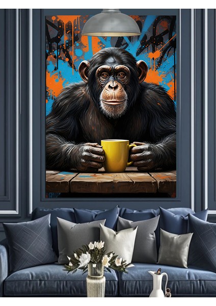 Kahve Içen Maymun Dekoratif Kanvas - Mdf Ahşap Tablo