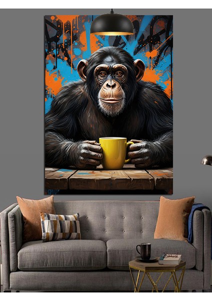 Kahve Içen Maymun Dekoratif Kanvas - Mdf Ahşap Tablo fiyatları
