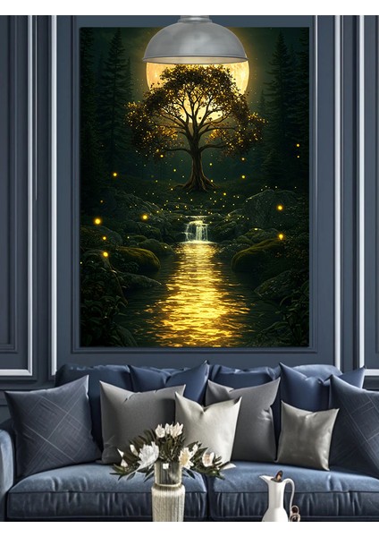 Dolunay Altında Parlak Göl Manzarası Dekoratif Kanvas - Mdf Ahşap Tablo