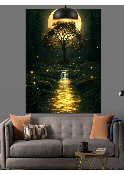 Dolunay Altında Parlak Göl Manzarası Dekoratif Kanvas - Mdf Ahşap Tablo fiyatları