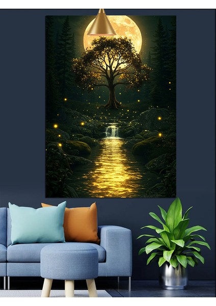 Dolunay Altında Parlak Göl Manzarası Dekoratif Kanvas - Mdf Ahşap Tablo modelleri
