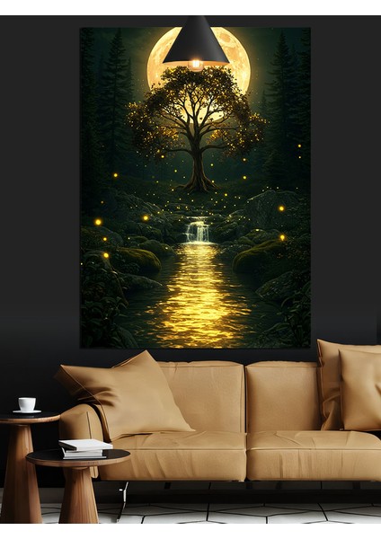 Dolunay Altında Parlak Göl Manzarası Dekoratif Kanvas - Mdf Ahşap Tablo fırsatları