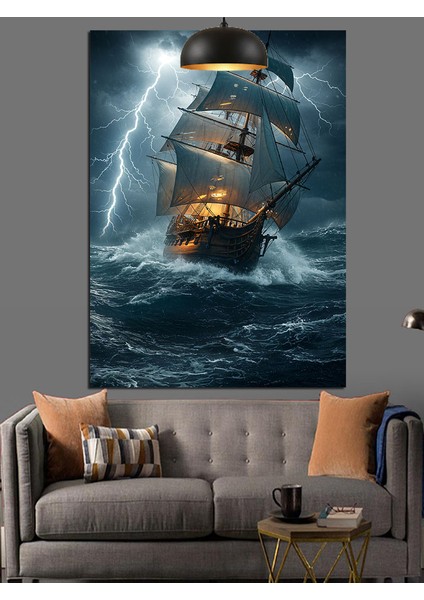 Fırtınalı Denizde Tehlikeli Yüzen Gemi Dekoratif Kanvas - Mdf Ahşap Tablo
