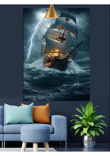 Fırtınalı Denizde Tehlikeli Yüzen Gemi Dekoratif Kanvas - Mdf Ahşap Tablo fiyatları