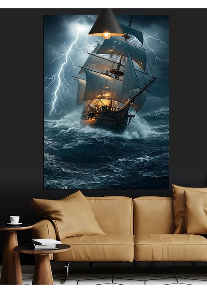Fırtınalı Denizde Tehlikeli Yüzen Gemi Dekoratif Kanvas - Mdf Ahşap Tablo modelleri